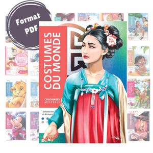Puede incluir: Una portada de libro para colorear que presenta a una mujer con un vestido tradicional chino con un diseño floral rojo, blanco y azul. El título del libro es "Costumes du Monde" y el texto "Coloriages Mystères" está debajo del título. La portada también incluye un pequeño círculo con un símbolo yin yang.