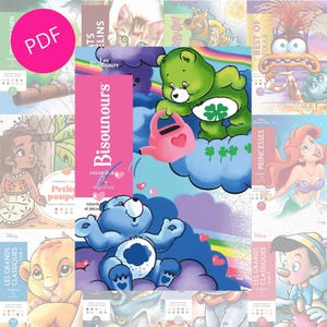 Puede incluir: Un collage de libros para colorear infantiles con personajes de dibujos animados. Los libros incluyen títulos como "Les Bisounours", "Princesses" y "Best of Pixar". Un círculo rosa con la palabra "PDF" está en la esquina superior izquierda.