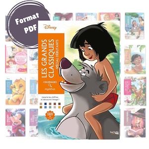 May include: A Disney colouring book featuring the Jungle Book characters Mowgli and Baloo. The cover is illustrated with Mowgli riding on Baloo's back. The book is titled "Les Grands Classiques Special Debutants" and features a magnifying glass icon with the words "Coloriages Mysteres".