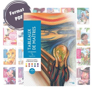 Puede incluir: Un libro para colorear con una imagen colorida de El Grito de Edvard Munch. El libro se titula "Tableaux de Maîtres" e incluye la frase "Coloriages mystères".