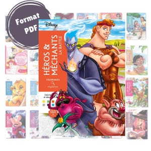 May include: A Disney colouring book featuring Hercules, Hades, and Pain and Panic from the movie Hercules. The cover features the text "HÉROS & MÉCHANTS LA BATTLE" and "COLORIAGES mystères".
