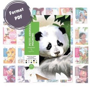 Puede incluir: Un libro para colorear con una ilustración de un oso panda, con el texto "PETITS ANIMAUX MIGNONS" y "Format PDF". El libro está rodeado de otros libros coloridos con varias ilustraciones.