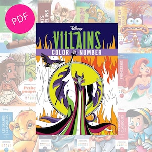 May include: A collection of Disney coloring books, including "Villains Color-by-Number" featuring Maleficent. Other books showcase characters like Ariel, Simba, and Pinocchio. The image has a pink "PDF" circle in the upper left corner.