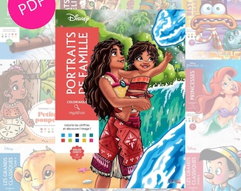 Puede incluir: Un collage de libros para colorear de Disney, incluyendo "Portraits de Famille" con una madre y un niño. Otros títulos visibles son "Princesses", "Best of Pixar" y "Les Grands Classiques". Un círculo rosa con "PDF" está presente.