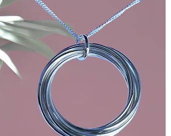 Large Russian Style Multi-Ring Silver Pendant on Curb Chain - Unique Interlinked Circle Design - Handcrafted Gift in Box