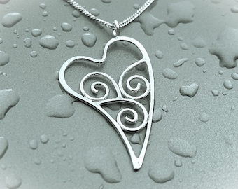 Wave Scroll Heart Sterling Silver Pendant