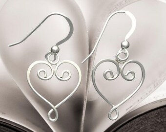 Sterling Silver Scroll Heart Earrings - Handcrafted Wire Jewellery, Matching Pendant Available