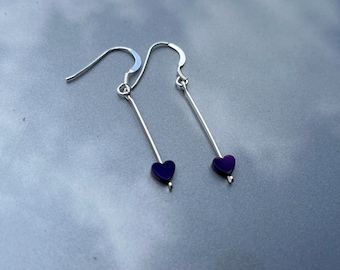 Handcrafted Hematite Heart Drop Earrings in Sterling Silver - High Shine Finish - Unique Jewellery Gift for Her