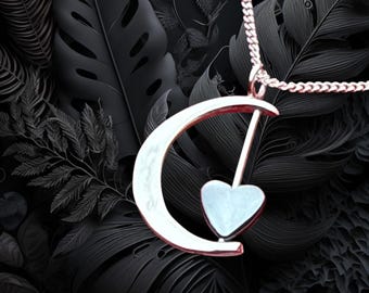 Elegant Crescent Moon and Heart Pendant Necklace, Sterling Silver with Hematite, Gift Box Included