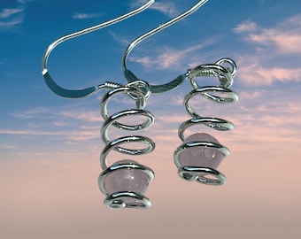 Unique Spiral Earrings with Bead Captured in Sterling Silver Wire Cage - Choose from Black Onyx, Rose Quartz, Amethyst or Carnelian