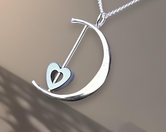 Elegant Crescent Moon and Heart Pendant Necklace, Sterling Silver with Hematite, Gift Box Included