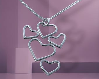 Elegant Sterling Silver Five Heart Cluster Pendant with 18 Curb Chain