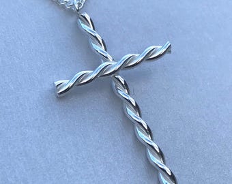 Twisted Sterling Silver Cross Pendant with Curb Chain