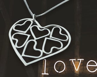 Handmade Sterling Silver Hearts Pendant, Domed Design, 18-inch Chain