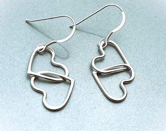 Sterling Silver Interlocking Heart Earrings - High Shine Finish - Handcrafted Wire Design - Solid Silver Ear Wires - Matching Pendant