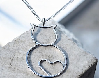 Sterling Silver Cat Pendant with Heart Design - Whimsical Cat Lover Gift
