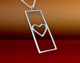 Handcrafted Sterling Silver Rectangle Pendant Necklace – Heart Detail