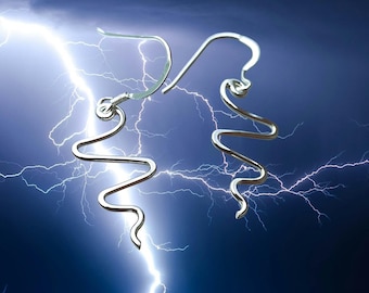 Handcrafted Sterling Silver Wire Earrings - Unique Lightning Design - 35mm Length