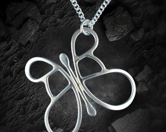 Handcrafted Sterling Silver Wire Butterfly Necklace - Unique Butterfly Pendant with 18 inch Curb Chain - Soldered Wire Art Jewellery