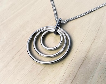Three Small Ring Minimalist Handcrafted Sterling Silver Pendant Necklace with Curb Chain