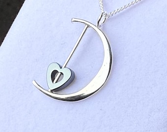 Elegant Crescent Moon and Heart Pendant Necklace, Sterling Silver with Hematite, Gift Box Included