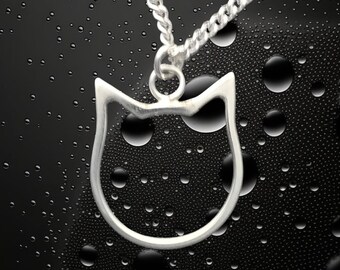Sterling Silver Cat Head Pendant with 18 Inch Chain - Handmade Silver Wire Necklace - Unique Cat Lover Gift - Dainty Animal Jewellery