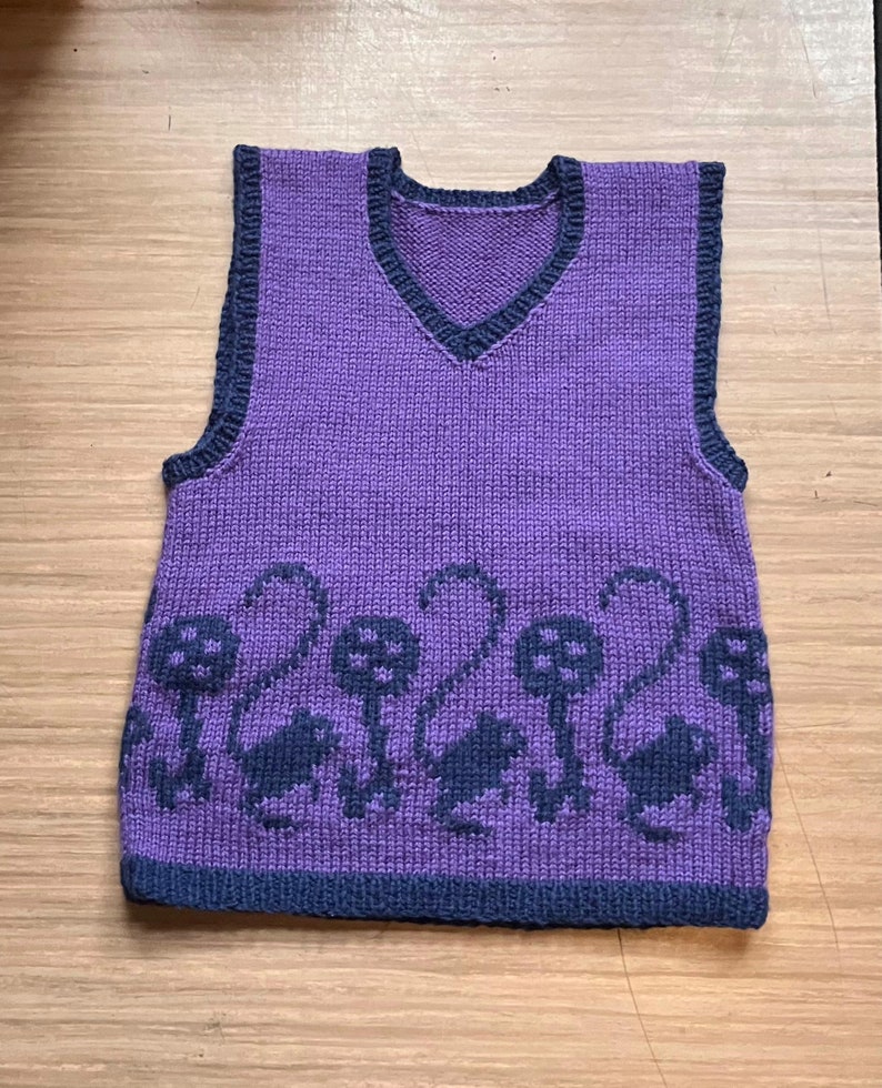 Pu&ograve; includere: Gilet di maglia viola con scollo a V e bordatura blu scuro. La parte inferiore del gilet presenta un motivo di funghi e piccoli animali blu scuro.