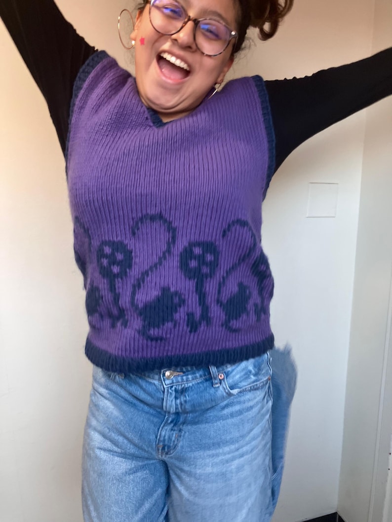Pu&ograve; includere: Un gilet di maglia viola con un motivo a fungo blu. Il gilet ha un collo a V ed &egrave; indossato sopra una camicia a maniche lunghe nera.