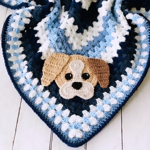 Blue Puppy Blanket | Baby Shower Gift | Baby Blanket | Gift Set | Granny Square Blanket | Dog Lover Blanket