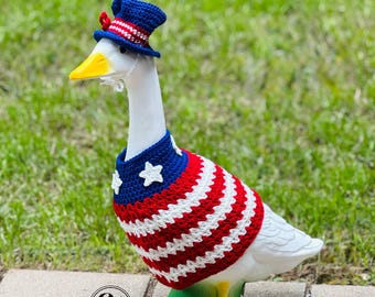 Déguisement patriotique d'oie du porche du 4 juillet avec chapeau - Déguisement d'oie du jour de l'indépendance - Déguisement d'oie des gazons rouge, blanche et bleue