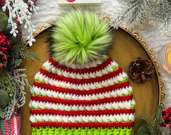 Gorro de invierno Mean One Grinchy / Gorro de crochet / Gorro de invierno / Gorro de punto / Gorro de invierno para adultos / Gorro para niños pequeños