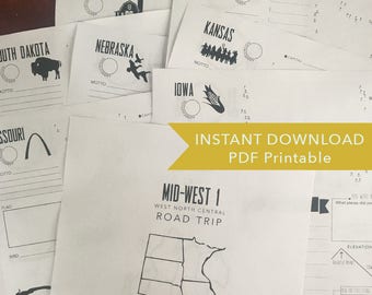 Road Trip Vacation Travel Journal Printables - US States: Mid-West 1 (Western)