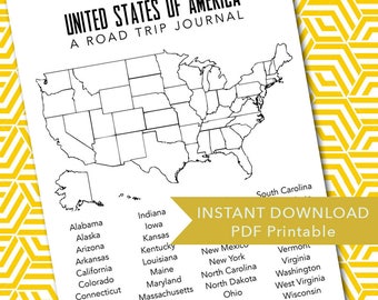 Road Trip Vacation Travel Journal Printables - US States: ALL 50 States