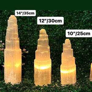 Natural Selenite Crystal Lamps | High Quality Selenite Lamps | Carved Selenite Towers | 6&quot; to 14&quot; Lamps | Includes Lamp Cord & 2 Light Bulbs