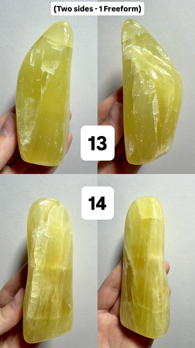 May include: Four views of a freeform, yellow-green crystal. The stone has a smooth, polished appearance with natural veining. The images are numbered 13 and 14. The text at the top reads "(Two sides - 1 Freeform)".