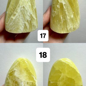 May include: Four images of a freeform, yellow-green stone. The stone has a smooth, rounded shape with a textured surface and white veining. The text "(Two sides - 1 Freeform)" is at the top. Numbers 17 and 18 are in the center.
