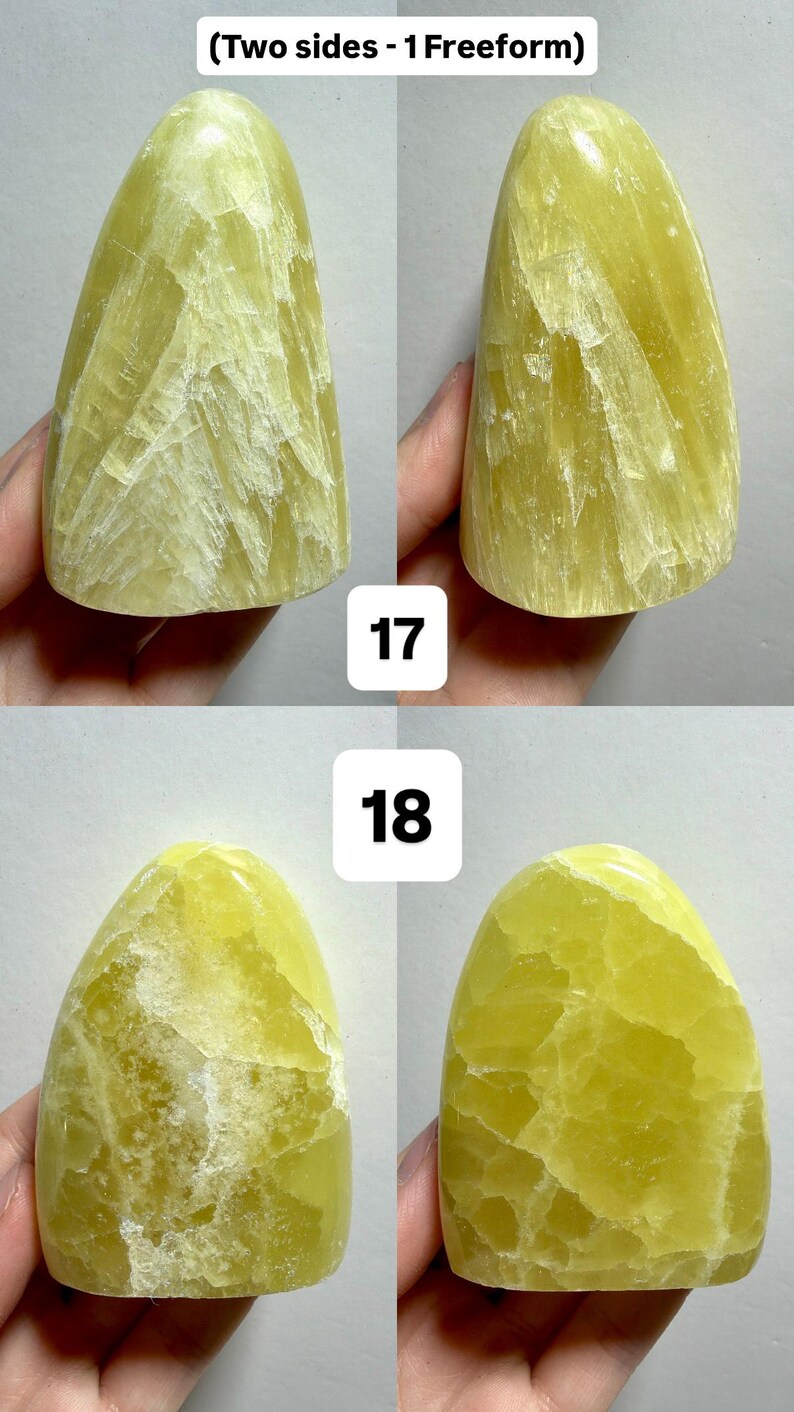 May include: Four images of a freeform, yellow-green stone. The stone has a smooth, rounded shape with a textured surface and white veining. The text "(Two sides - 1 Freeform)" is at the top. Numbers 17 and 18 are in the center.