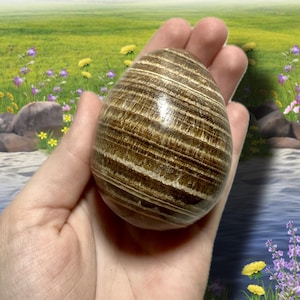 May include: A brown and white striped egg-shaped stone, held in a hand. The stone has a polished surface with horizontal bands of color. The background features a landscape with a river, grass, and flowers.