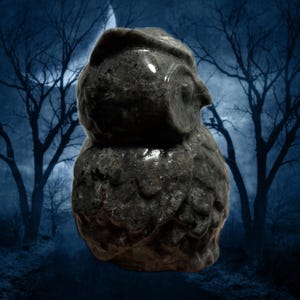 K&ouml;nnte beinhalten: Eine dunkelgraue Eulenfigur mit detaillierten Federschnitzereien. Die Eule hat einen markanten Schnabel und gro&szlig;e, runde Augen. Die Skulptur besteht aus einem steinartigen Material und ist vor einem dunklen, atmosph&auml;rischen Hintergrund mit kahlen B&auml;umen und einem Mond platziert.