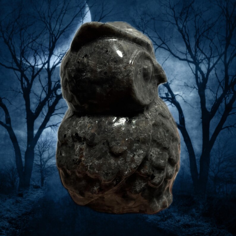 K&ouml;nnte beinhalten: Eine dunkelgraue Eulenfigur mit detaillierten Federschnitzereien. Die Eule hat einen markanten Schnabel und gro&szlig;e, runde Augen. Die Skulptur besteht aus einem steinartigen Material und ist vor einem dunklen, atmosph&auml;rischen Hintergrund mit kahlen B&auml;umen und einem Mond platziert.