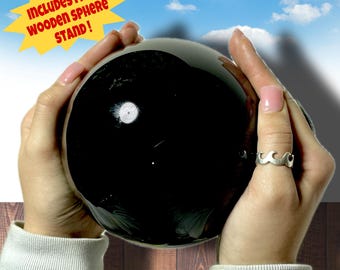 High Quality Black Obsidian Spheres with Wooden Sphere Stand | Black Halloween Crystals | Witchy Divination Crystal Ball | You Pick Size!