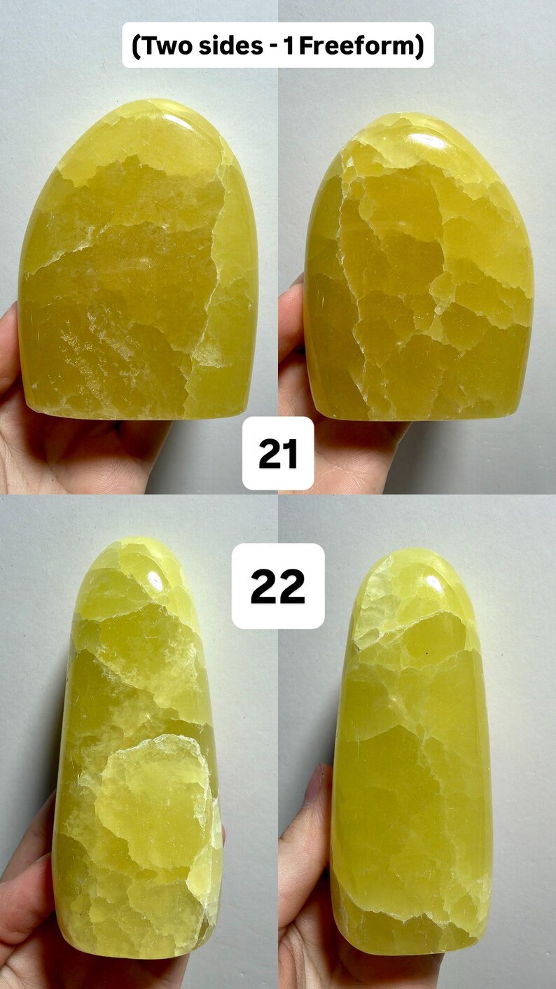 May include: Four views of a freeform, polished yellow calcite stone. The stone has a smooth, glossy surface with natural veining. The text "(Two sides - 1 Freeform)", "21", and "22" are visible in the image.