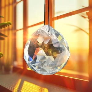 May include: A clear, faceted crystal ball hanging from a black string. The crystal reflects light, creating a rainbow effect. The background features a window with sunlight streaming through, creating a warm, golden glow.
