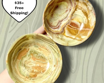 5'' Green Onyx Crystal Bowl | Hand Carved Onyx Dish | Jewelry, Trinket, or Crystal Dish Holder | Green and Brown Banded Bowls | You Pick!