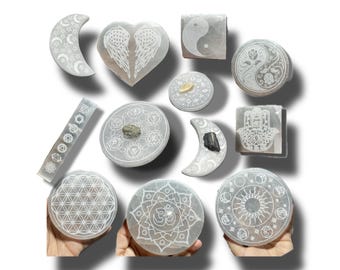 Engraved Selenite Charging Plates | Round, Hexagon, Heart | Huge Selection! | You Pick Size, Shape & Engraving | Includes FREE CRYSTAL GIFT!