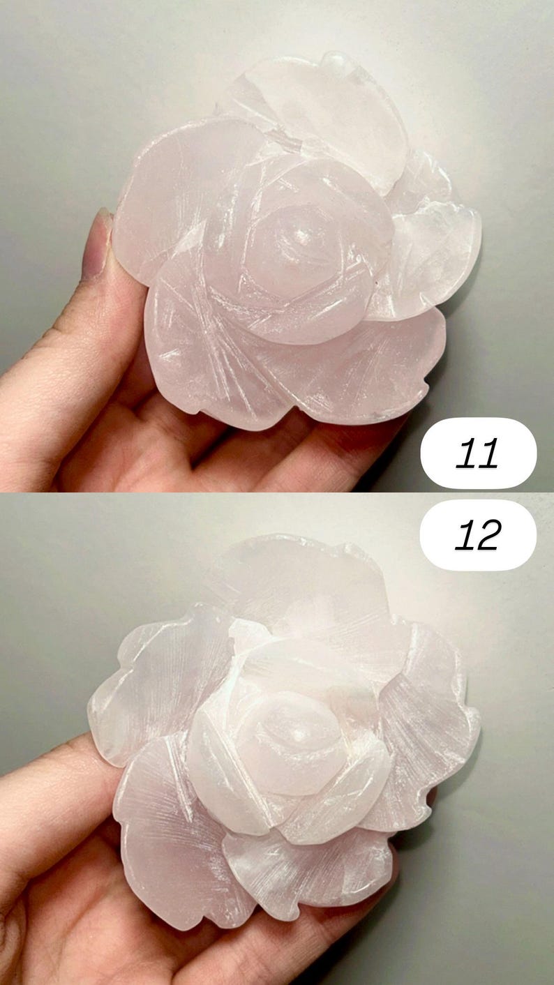 May include: Two rose quartz carvings, each depicting a detailed rose blossom. The carvings are a soft pink color and feature intricate petal details. The background is a neutral gray. Numbers 11 and 12 are visible in the image.