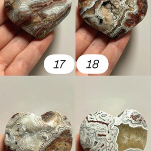 May include: Four heart-shaped agate stones with unique patterns and colors. The stones are numbered 17, 18, 19, and 20. The agate features shades of brown, white, and gray, with intricate banding and natural formations. These decorative stones are ideal for collectors.
