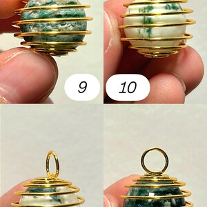 May include: Four close-up images of gemstone pendants. Each pendant features a spherical gemstone encased in a gold-colored wire cage with a loop at the top. The gemstones vary in color, with green and white patterns. Numbers 9, 10, 11, and 12 are visible.