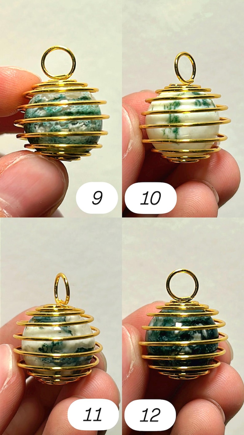 May include: Four close-up images of gemstone pendants. Each pendant features a spherical gemstone encased in a gold-colored wire cage with a loop at the top. The gemstones vary in color, with green and white patterns. Numbers 9, 10, 11, and 12 are visible.
