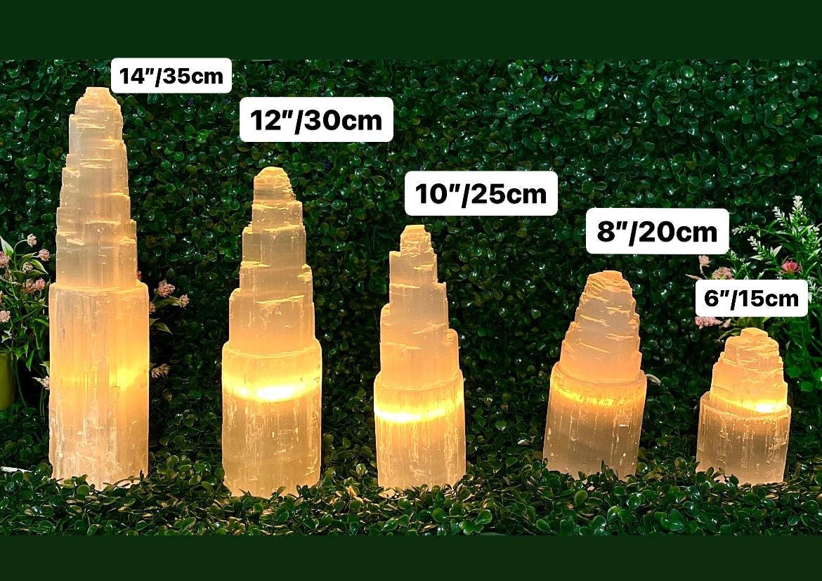 Natural Selenite Crystal Lamps | High Quality Selenite Lamps | Carved Selenite Towers | 6" to 14" Lamps | Includes Lamp Cord & 2 Light Bulbs